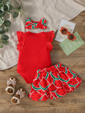 Baby Gilrs Summer Sleeveless Printing Watermelon Fashion Shirt Set For Vacation Or Streetwear