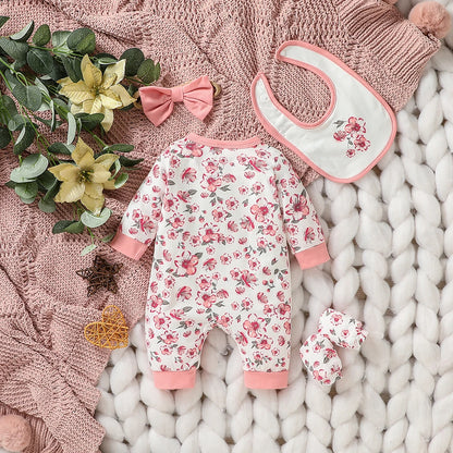 4Pcs Baby Girl's Newborn Full Sleeve Printed Floral All Seasons Fashion Cute Jumpsuit+Bib+Headband+Gloves