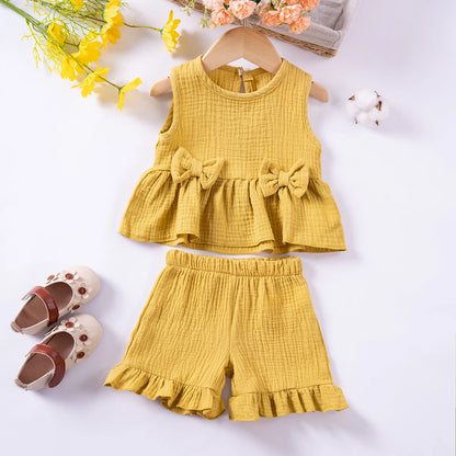 Toddler Girls Muslin Cotton Suits Solid Color Bow Vest+Shorts 2pcs Clothes Sets Sleeveless Cute Casual Baby Girls Outfits