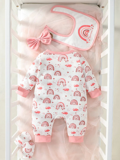 4Pcs Baby Girl's Newborn Full Sleeve Printed Floral All Seasons Fashion Cute Jumpsuit+Bib+Headband+Gloves