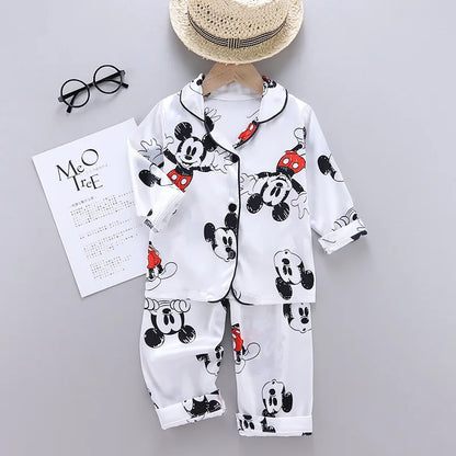 2y to 6y - Disney Mickey Mouse Children Pajamas Suit Silk Satin Long Sleeve Top+Trousers 2Pcs Baby Boys Girls Cartoon Satin Set Nightgown