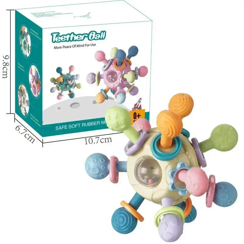 Toys - Teether - 6m to 18m - 👶 📖 Early Sensory & Visual Learning (0–3Y) 🎯 Rotating Rattle Ball Baby Teether – Multi-Sensory Development Toy
