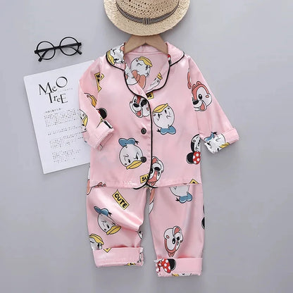 2y to 6y - Disney Mickey Mouse Children Pajamas Suit Silk Satin Long Sleeve Top+Trousers 2Pcs Baby Boys Girls Cartoon Satin Set Nightgown