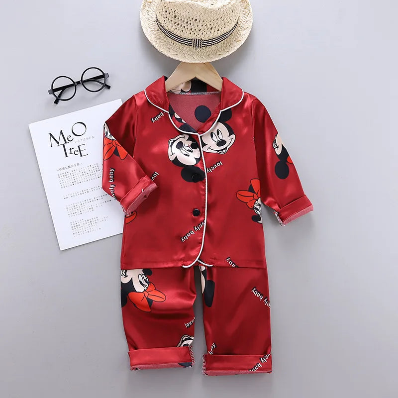 2y to 6y - Disney Mickey Mouse Children Pajamas Suit Silk Satin Long Sleeve Top+Trousers 2Pcs Baby Boys Girls Cartoon Satin Set Nightgown