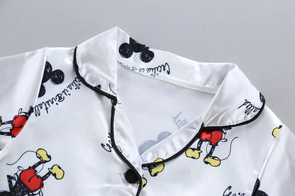 2y to 6y - Disney Mickey Mouse Children Pajamas Suit Silk Satin Long Sleeve Top+Trousers 2Pcs Baby Boys Girls Cartoon Satin Set Nightgown