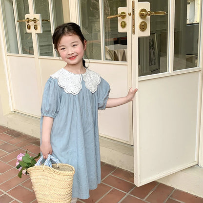 3y to 6y - Girl's Sweet Dress Summer Children's Lace Lapel Casual Dress Baby Kids Dress Sweet and Elegant Temperament Princess Dress