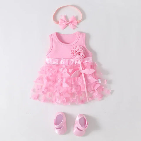 0-3T Baby Girls Cute Butterfly Dress with 3D Flowers Headband and Shoes for Summer Parties