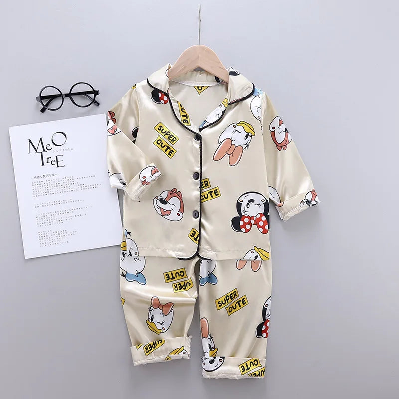 2y to 6y - Disney Mickey Mouse Children Pajamas Suit Silk Satin Long Sleeve Top+Trousers 2Pcs Baby Boys Girls Cartoon Satin Set Nightgown