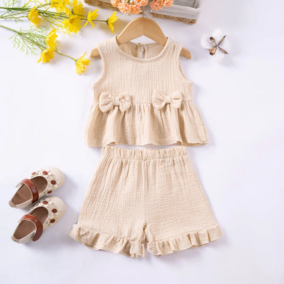 Toddler Girls Muslin Cotton Suits Solid Color Bow Vest+Shorts 2pcs Clothes Sets Sleeveless Cute Casual Baby Girls Outfits