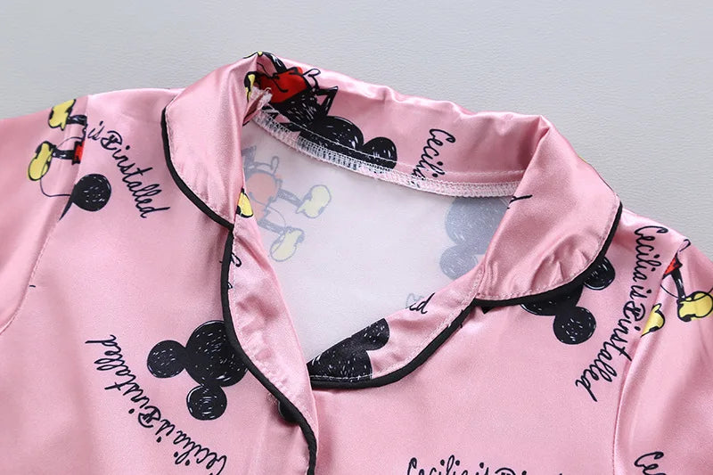 2y to 6y - Disney Mickey Mouse Children Pajamas Suit Silk Satin Long Sleeve Top+Trousers 2Pcs Baby Boys Girls Cartoon Satin Set Nightgown