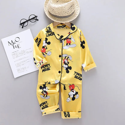 2y to 6y - Disney Mickey Mouse Children Pajamas Suit Silk Satin Long Sleeve Top+Trousers 2Pcs Baby Boys Girls Cartoon Satin Set Nightgown