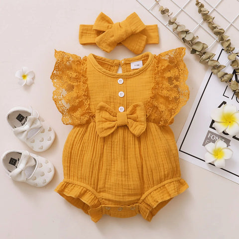 0-18 Months Newborn Baby Girl Plain Soft Bodysuit Lace Flared Sleeve Summer Romper with Headband Toddler Baby Girl Clothing