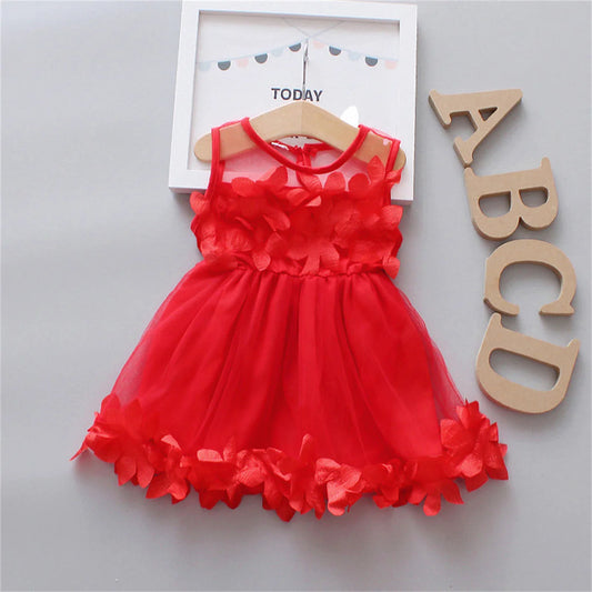 9m to 3y - Baby Girls' Red Christmas Birthday Party Dress Preschool Children'S Hollow Out Sleeveless 3d Petal Mesh Summer Clothing