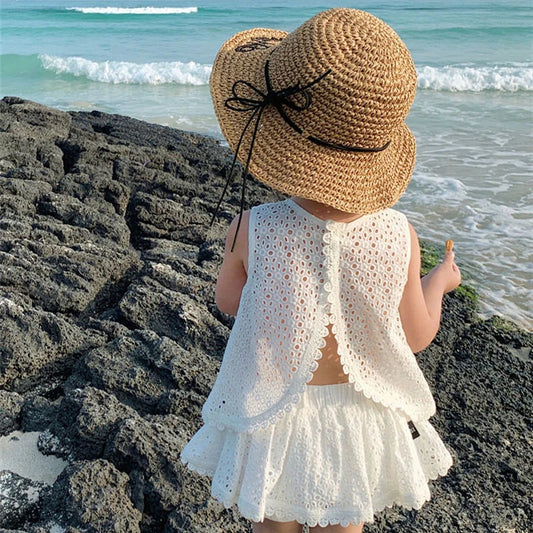12m to 6y - Girls 2024 Summer Clothing Sets Hollow Lace Suit Baby Casual Sleeveless T-shirt+Shorts Kids Clothing Sets Baby Clothes Outfits