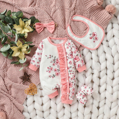 4Pcs Baby Girl's Newborn Full Sleeve Printed Floral All Seasons Fashion Cute Jumpsuit+Bib+Headband+Gloves