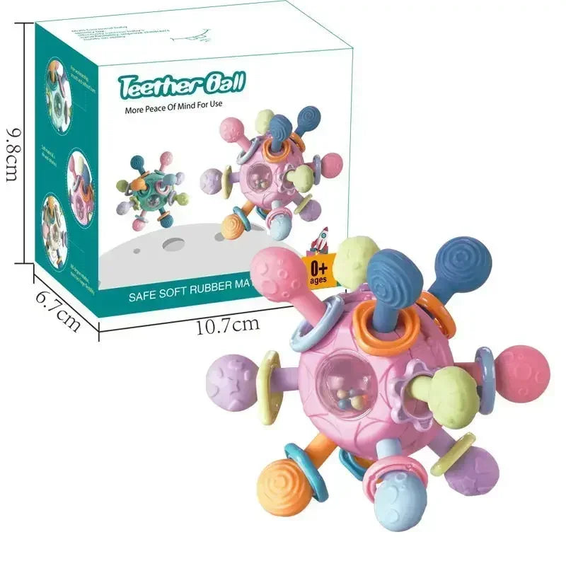 Toys - Teether - 6m to 18m - 👶 📖 Early Sensory & Visual Learning (0–3Y) 🎯 Rotating Rattle Ball Baby Teether – Multi-Sensory Development Toy