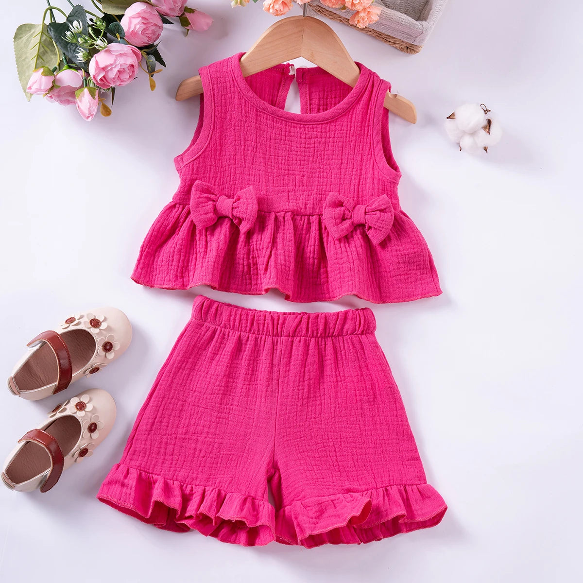 Toddler Girls Muslin Cotton Suits Solid Color Bow Vest+Shorts 2pcs Clothes Sets Sleeveless Cute Casual Baby Girls Outfits