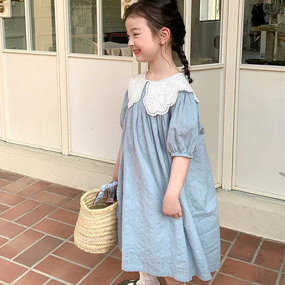 3y to 6y - Girl's Sweet Dress Summer Children's Lace Lapel Casual Dress Baby Kids Dress Sweet and Elegant Temperament Princess Dress