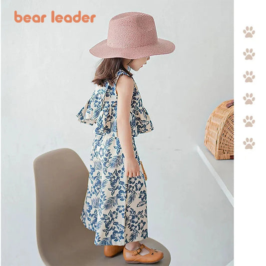 3y - 6y - Bear Leader Girls Netflix Tops Wide-legged Pants Set Summer 2025 New Fashion Temperament Retro Floral Two-piece Girls Clothing