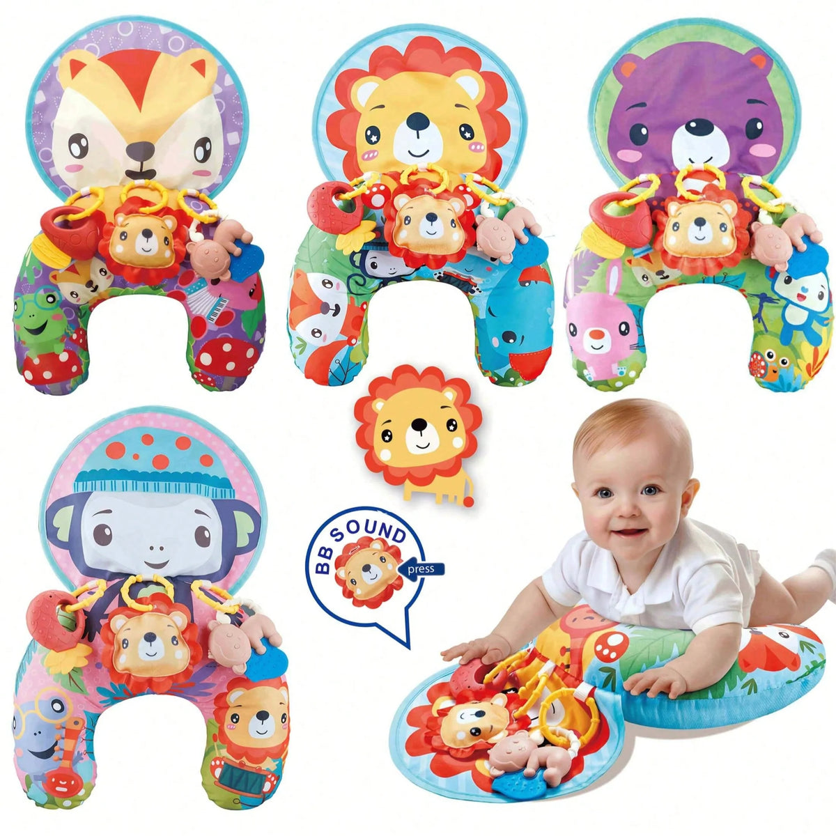 Baby Tummy Time Pillow with Rattle Toys, Multifunctional Crawling Mat
