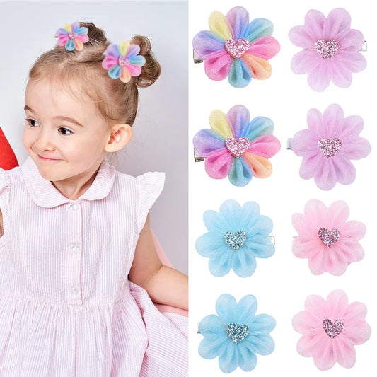 Oaoleer 2pcs/set Colorful Flower Hair Clips Sweet Girls Mesh Simulation Flowers Hairpin Barrettes Kids Headwear Hair Accessories