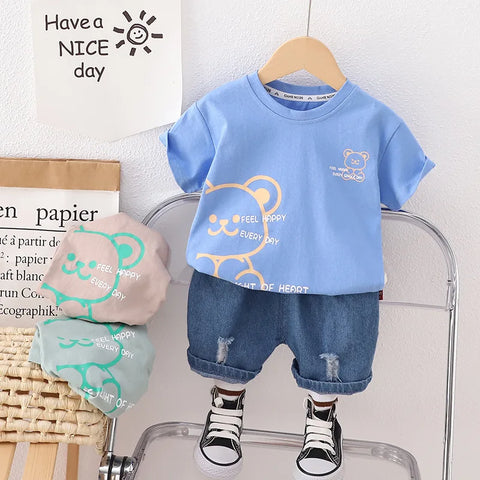 New Summer Children Boys Cotton Clothes Kids Cartoon Bear Tshirt Shorts 2Pcs/Sets Toddler Fashion Tracksuit Infant Casual Outfit