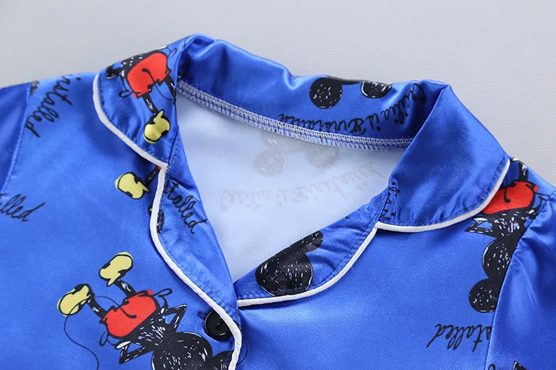 2y to 6y - Disney Mickey Mouse Children Pajamas Suit Silk Satin Long Sleeve Top+Trousers 2Pcs Baby Boys Girls Cartoon Satin Set Nightgown