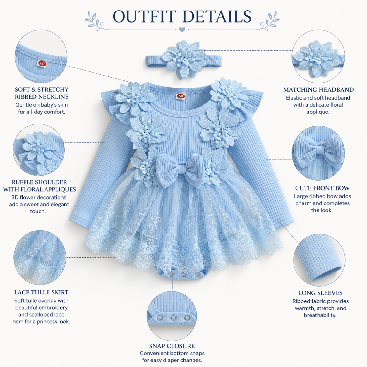 Bodysuits - Autumn - Girl - 3m to 18m 🌸 Baby Girl Floral Bow Bodysuit Dress Set
