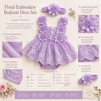 Bodysuits - Summer - Girl - 0 to 24m 👗 Floral Embroidery Baby Bodysuit Set