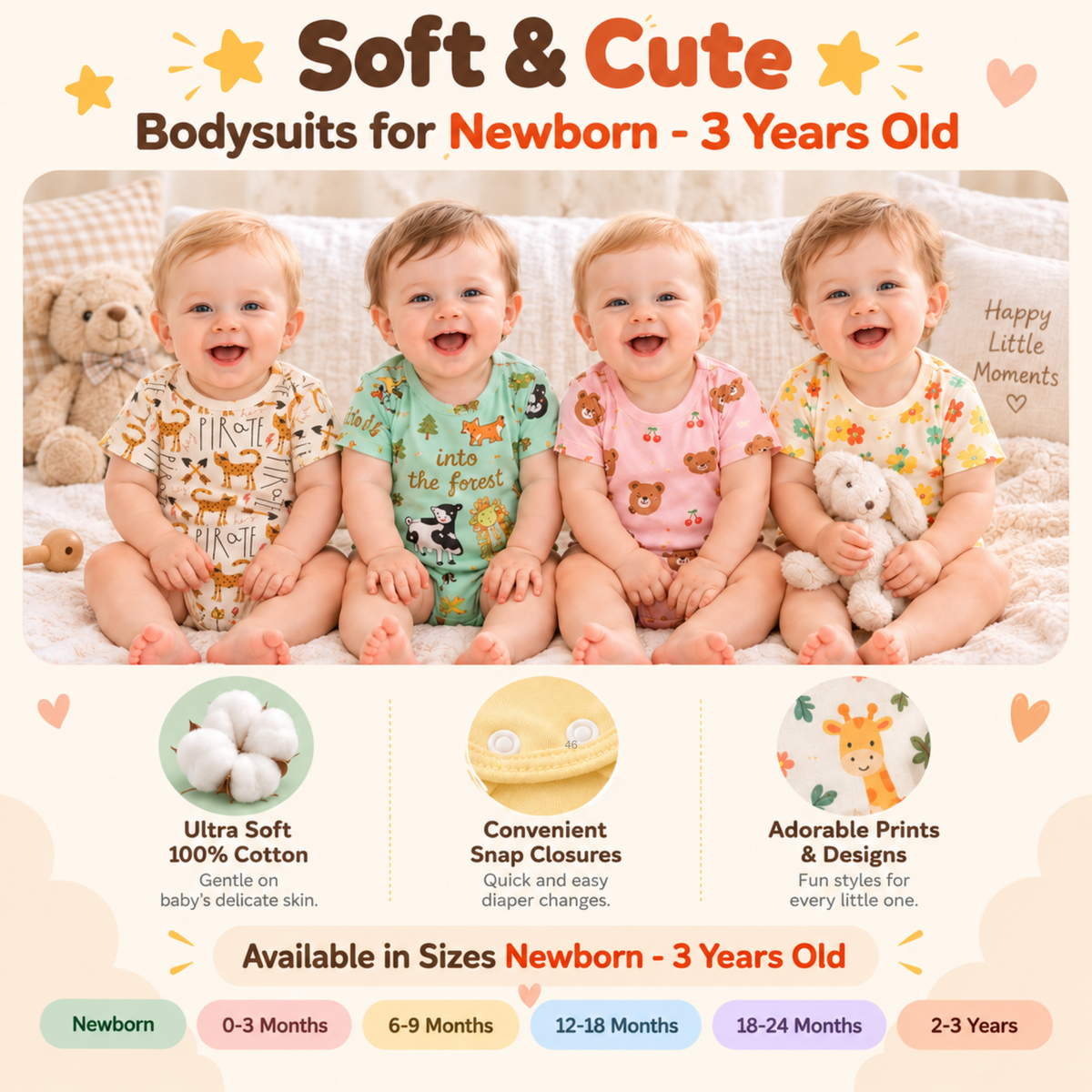 Bodysuits - Summer - Boy - 0 to 3y 👶Gentle Cotton Summer Baby Bodysuit Main
