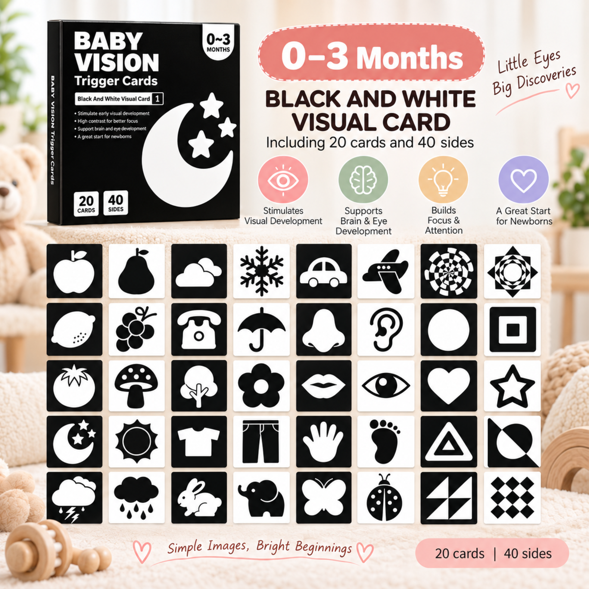 Stage 1 to Stage 4 - Books - Early Learning By Visual Card - 0 to 3Y - High Contrast Black & White Baby Visual Learning Card Main