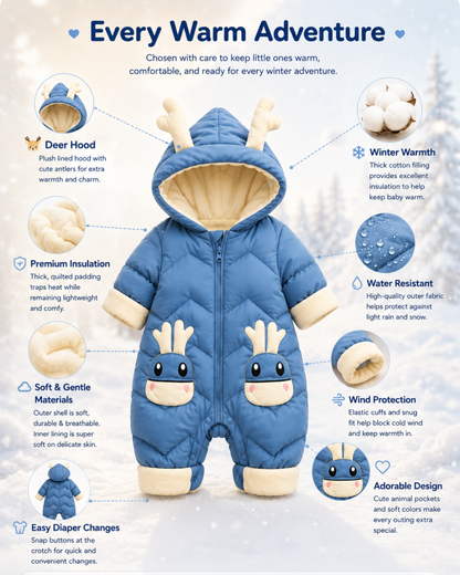 Jumpsuits - Girl & Boy - 0 to 24m 🦌🤍 Deer Hood Winter Snowsuit for Babies & Toddlers Main