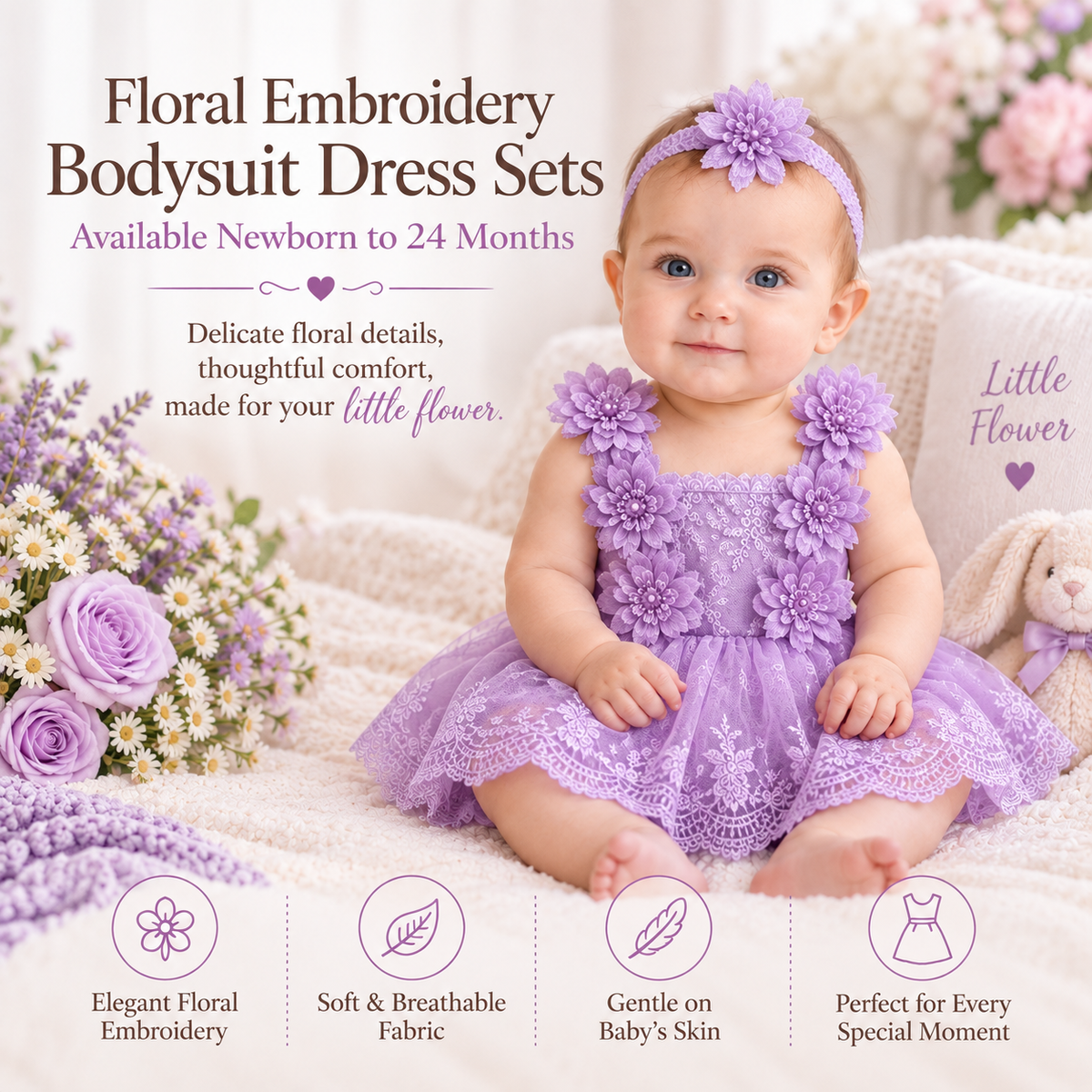 Bodysuits - Summer - Girl - 0 to 24m 👗 Floral Embroidery Baby Bodysuit Set
