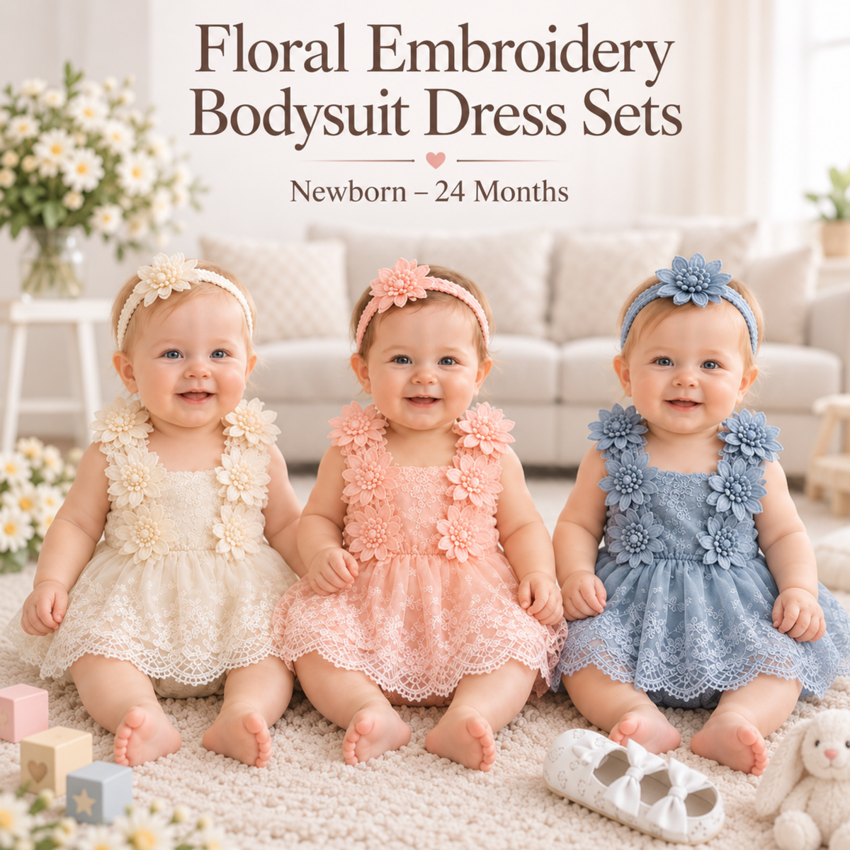 Bodysuits - Summer - Girl - 0 to 24m 👗 Floral Embroidery Baby Bodysuit Set