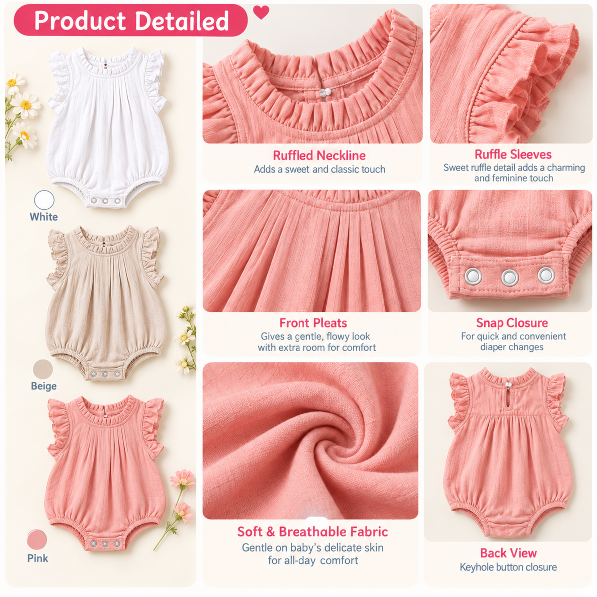 Bodysuits – Summer👗 Girls – 3M–3Y – Solid Cotton Bodysuit