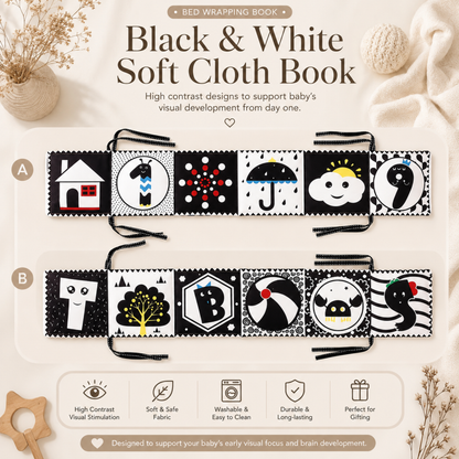 Books - Baby PARENT-Child Learning By Soft Cloth Book - 0 to 36m (1 to 3m) - High Contrast Black & White Animal Sensory Cloth Book