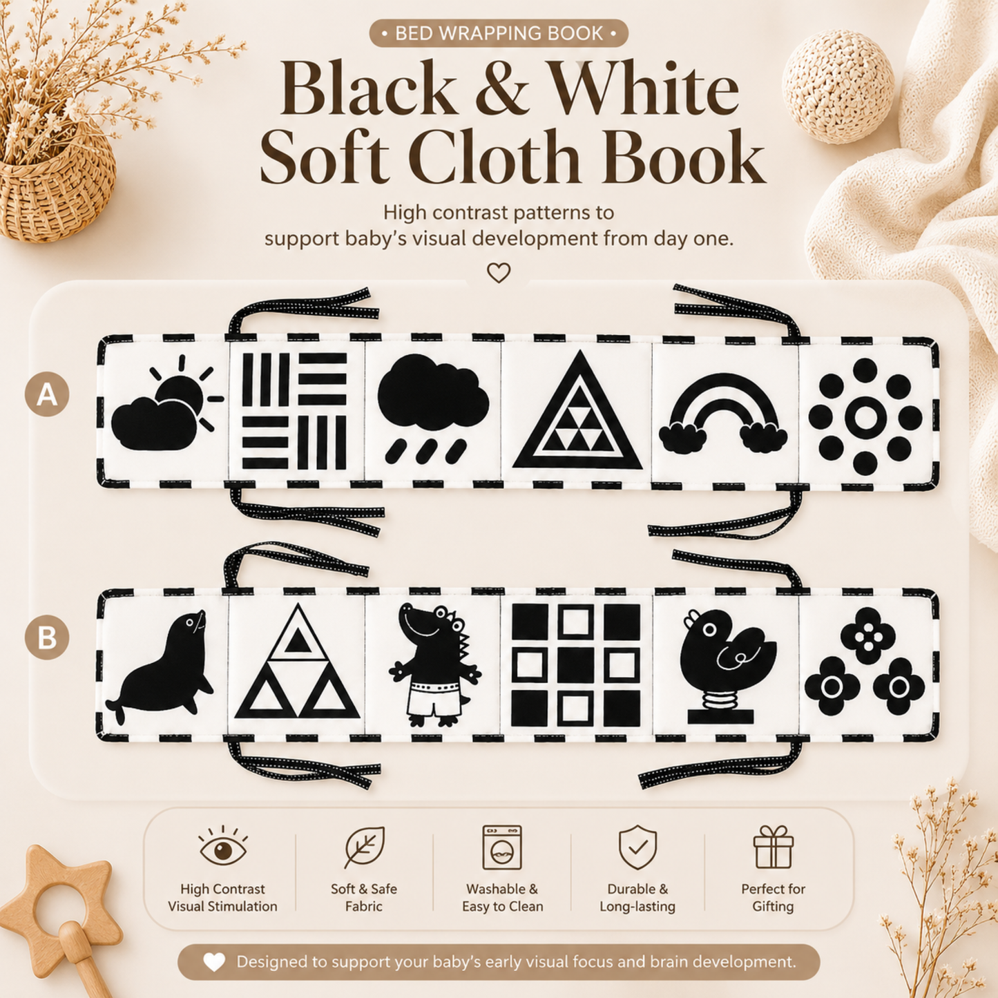 Books - Baby PARENT-Child Learning By Soft Cloth Book - 0 to 36m (1 to 3m) - High Contrast Black & White Animal Sensory Cloth Book