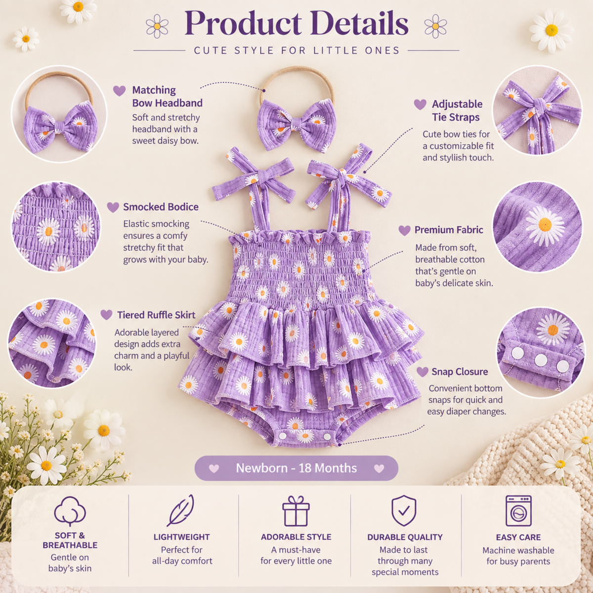Bodysuits - Summer - Girl - 0 to 18m 👉 🌼 Daisy Tiered Baby Bodysuit Dress Set