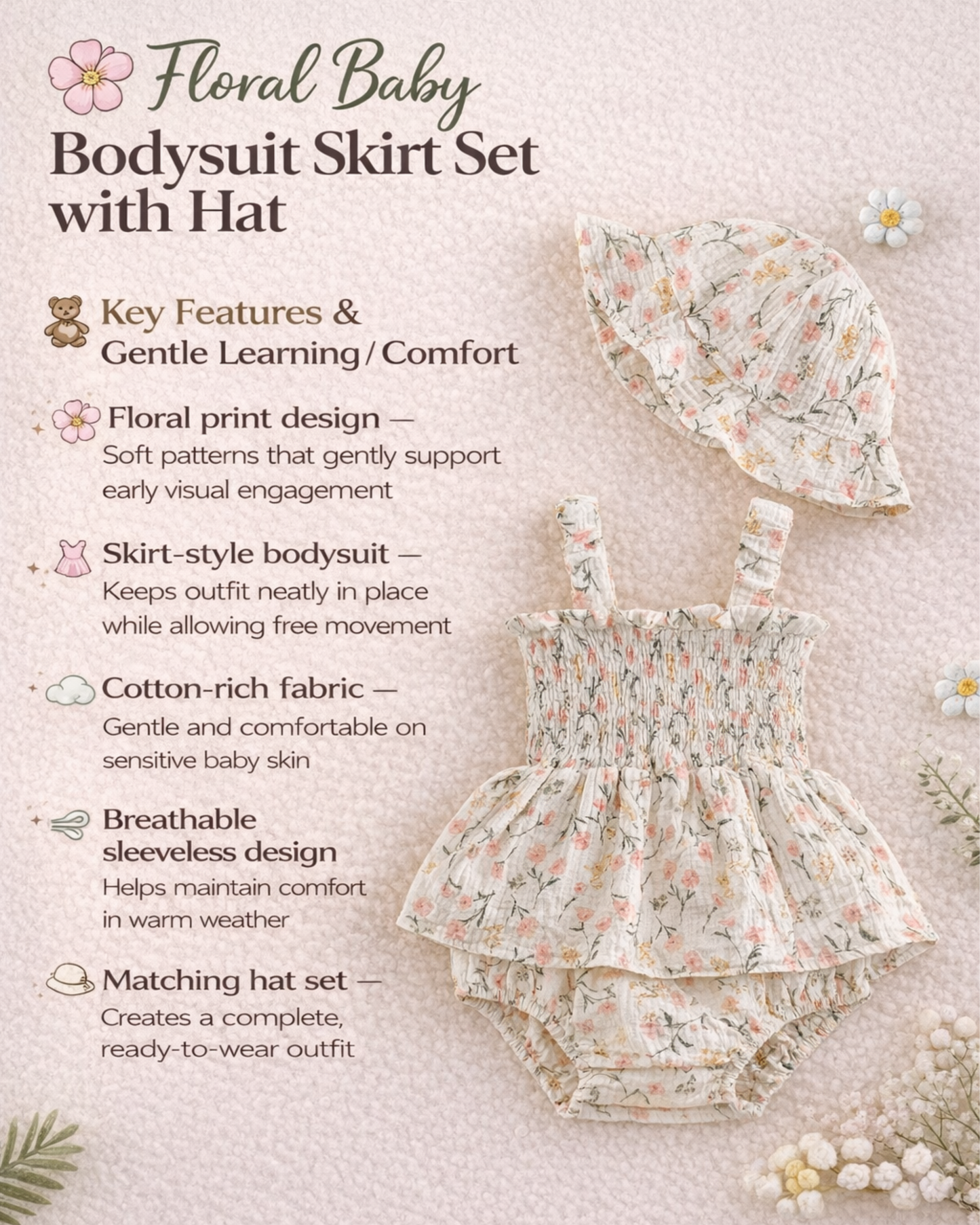 Bodysuits - Summer - Girl - 6m to 18m 🌸 Floral Baby Bodysuit Skirt Set with Hat