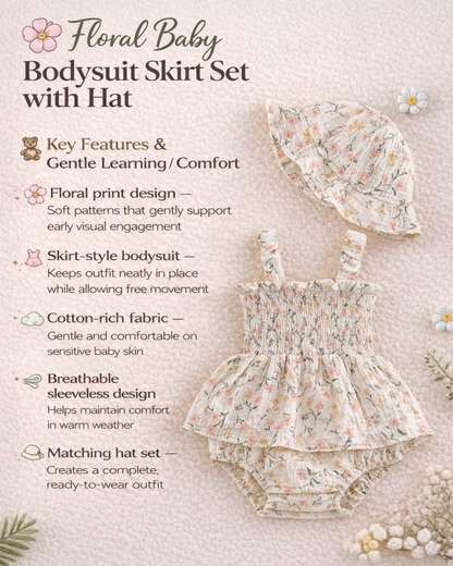 Bodysuits - Summer - Girl - 6m to 18m 🌸 Floral Baby Bodysuit Skirt Set with Hat