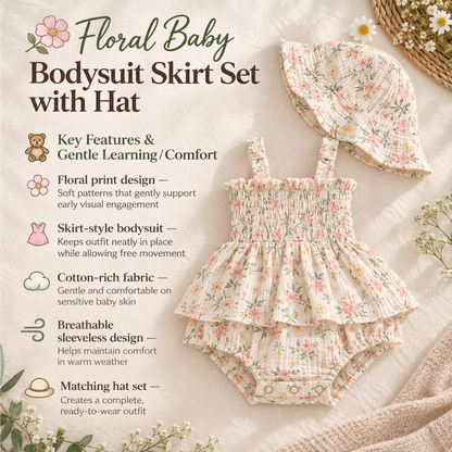 Bodysuits - Summer - Girl - 6m to 18m 🌸 Floral Baby Bodysuit Skirt Set with Hat