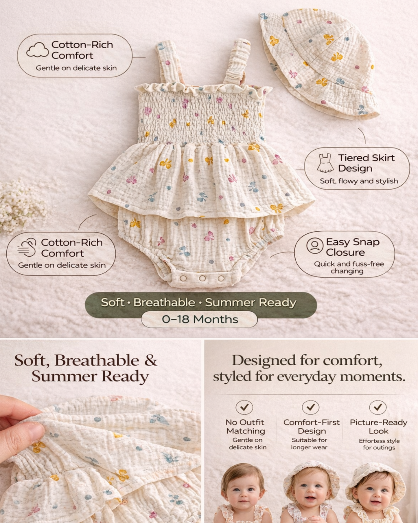 Bodysuits - Summer - Girl - 6m to 18m 🌸 Floral Baby Bodysuit Skirt Set with Hat