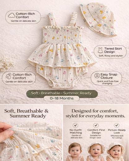 Bodysuits - Summer - Girl - 6m to 18m 🌸 Floral Baby Bodysuit Skirt Set with Hat