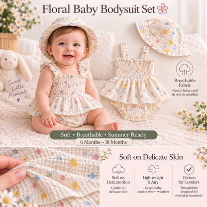 Bodysuits - Summer - Girl - 6m to 18m 🌸 Floral Baby Bodysuit Skirt Set with Hat