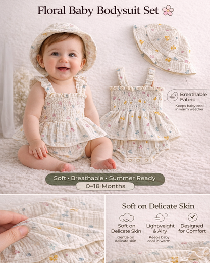 Bodysuits - Summer - Girl - 6m to 18m 🌸 Floral Baby Bodysuit Skirt Set with Hat