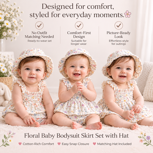 Bodysuits - Summer - Girl - 6m to 18m 🌸 Floral Baby Bodysuit Skirt Set with Hat