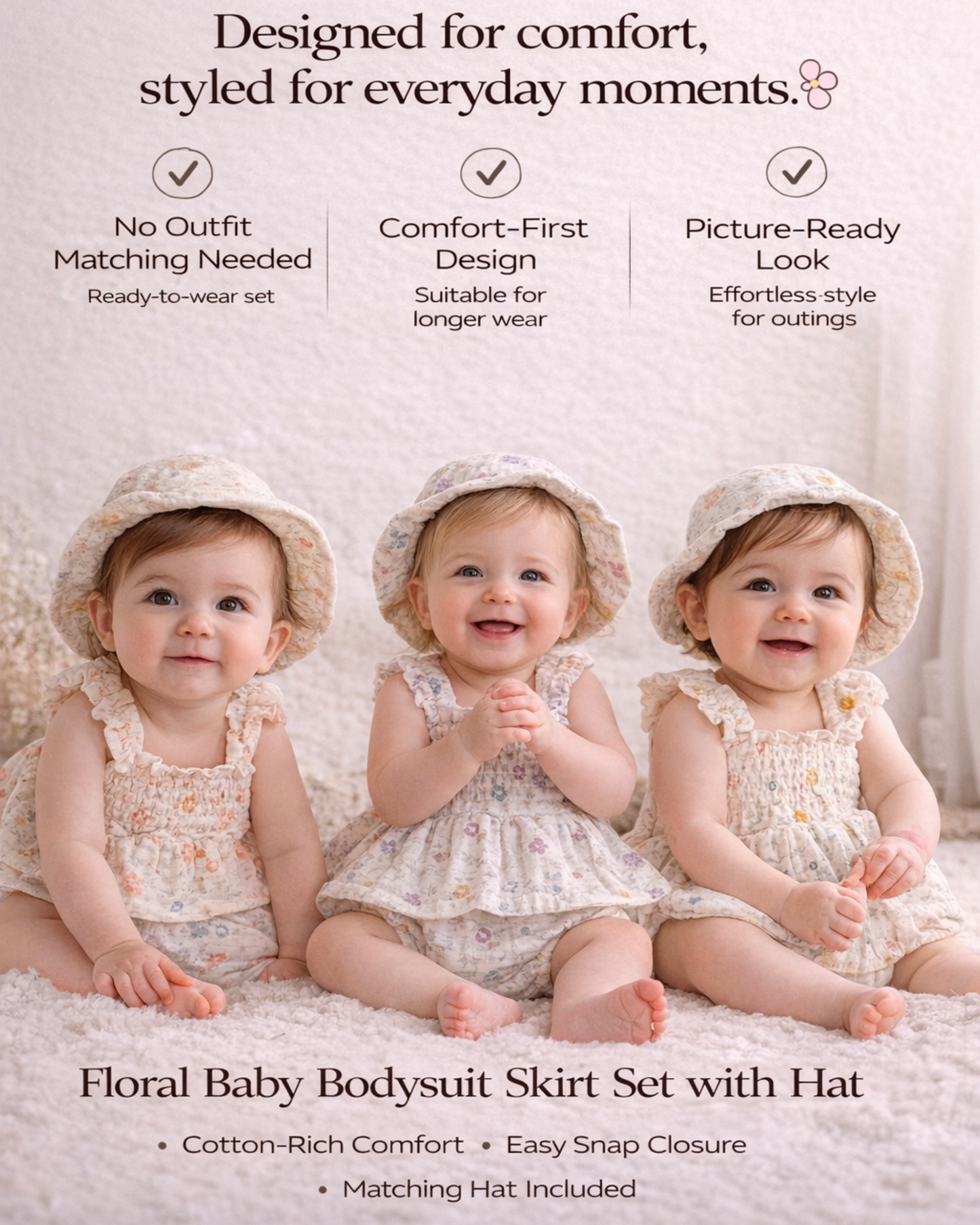 Bodysuits - Summer - Girl - 6m to 18m 🌸 Floral Baby Bodysuit Skirt Set with Hat