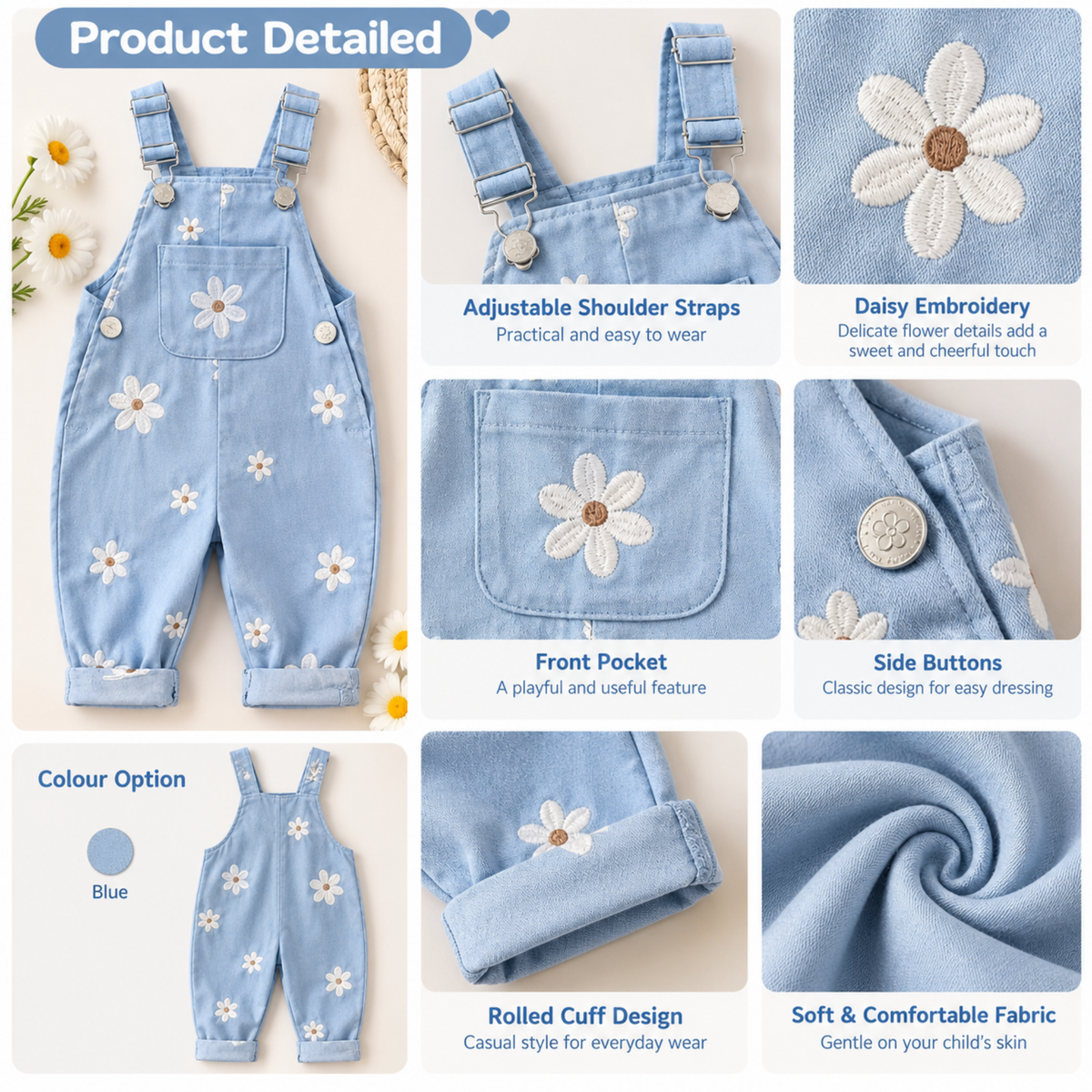 Jumpsuits – Summer – Girls – 6M to 3Y - Floral Embroidered Overalls