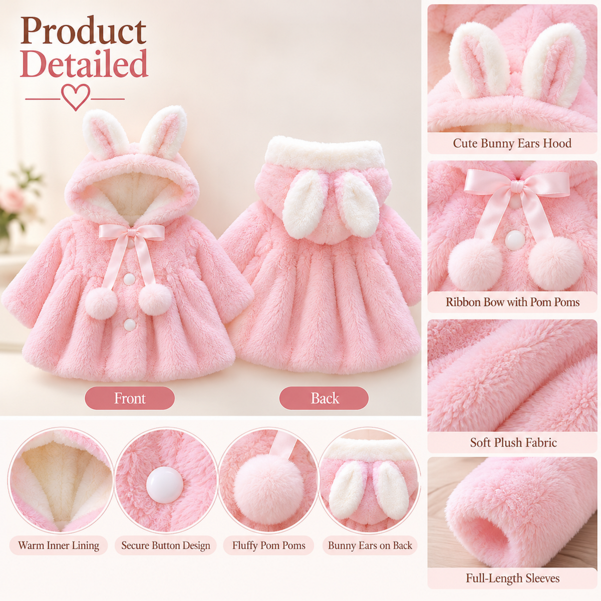 Tops - Autumn/Winter - Girls - Newborn-24M -🐰Bunny Ears Fleece Cape Jacket Main