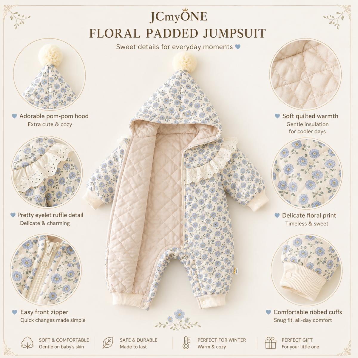 Jumpsuits – Winter – Girls – Newborn – 24 Months –👗 Hooded Floral Jumpsuit